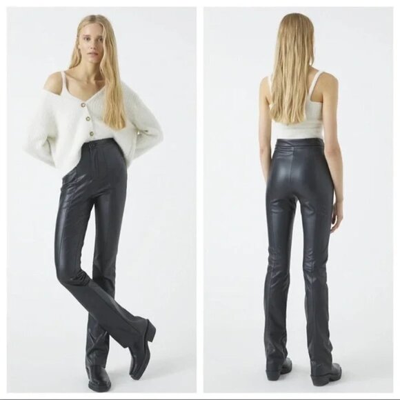 Pull & Bear size 4 Black Faux Leather High Waist Straight Leg Pants - Picture 1 of 13